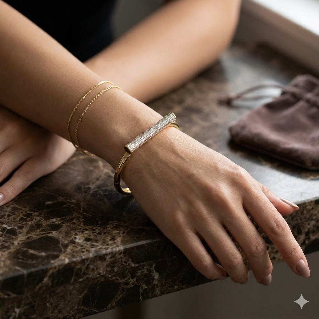Designer Gold Plated CZ T-Bar Open Cuff Copper Bracelet For Women Bulk
