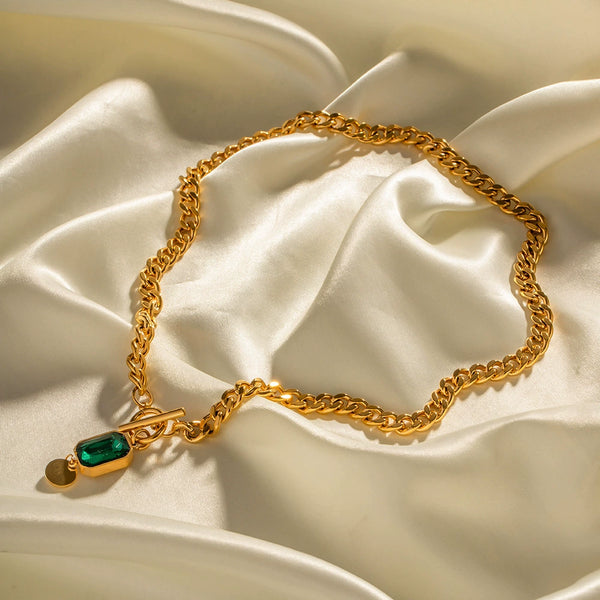 Bulk Green Square and Buckle Thick Chain Gold Plated CZ Necklace Main image