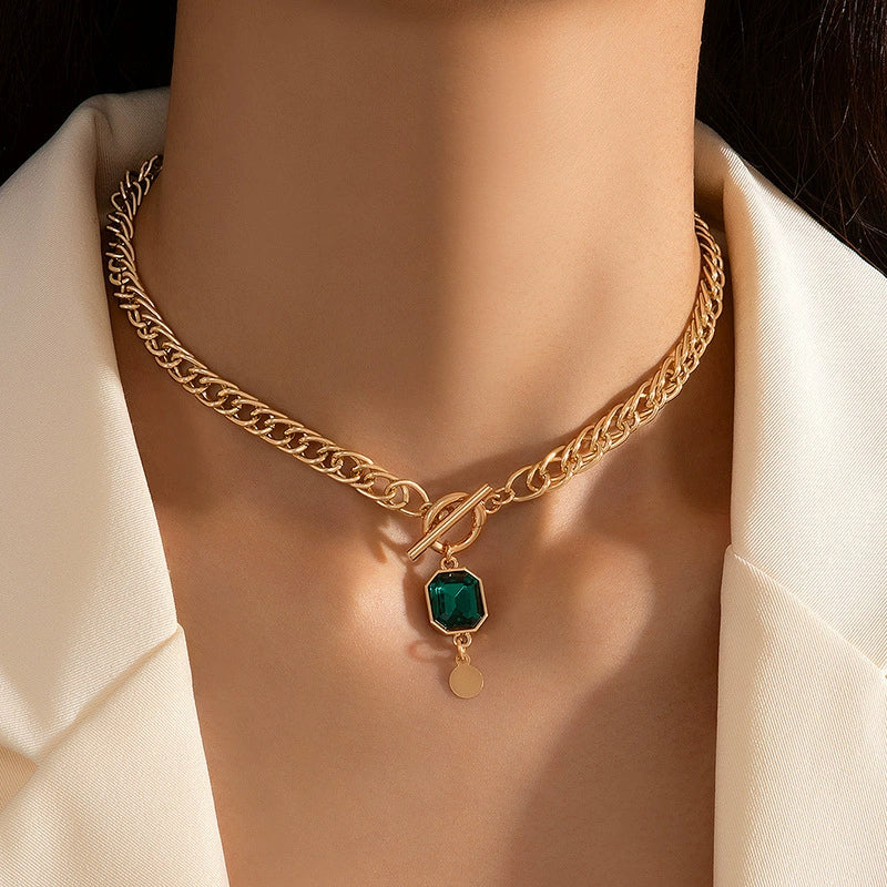 Bulk Green Square and Buckle Thick Chain Gold Plated CZ Necklace