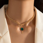 Bulk Green Square and Buckle Thick Chain Gold Plated CZ Necklace