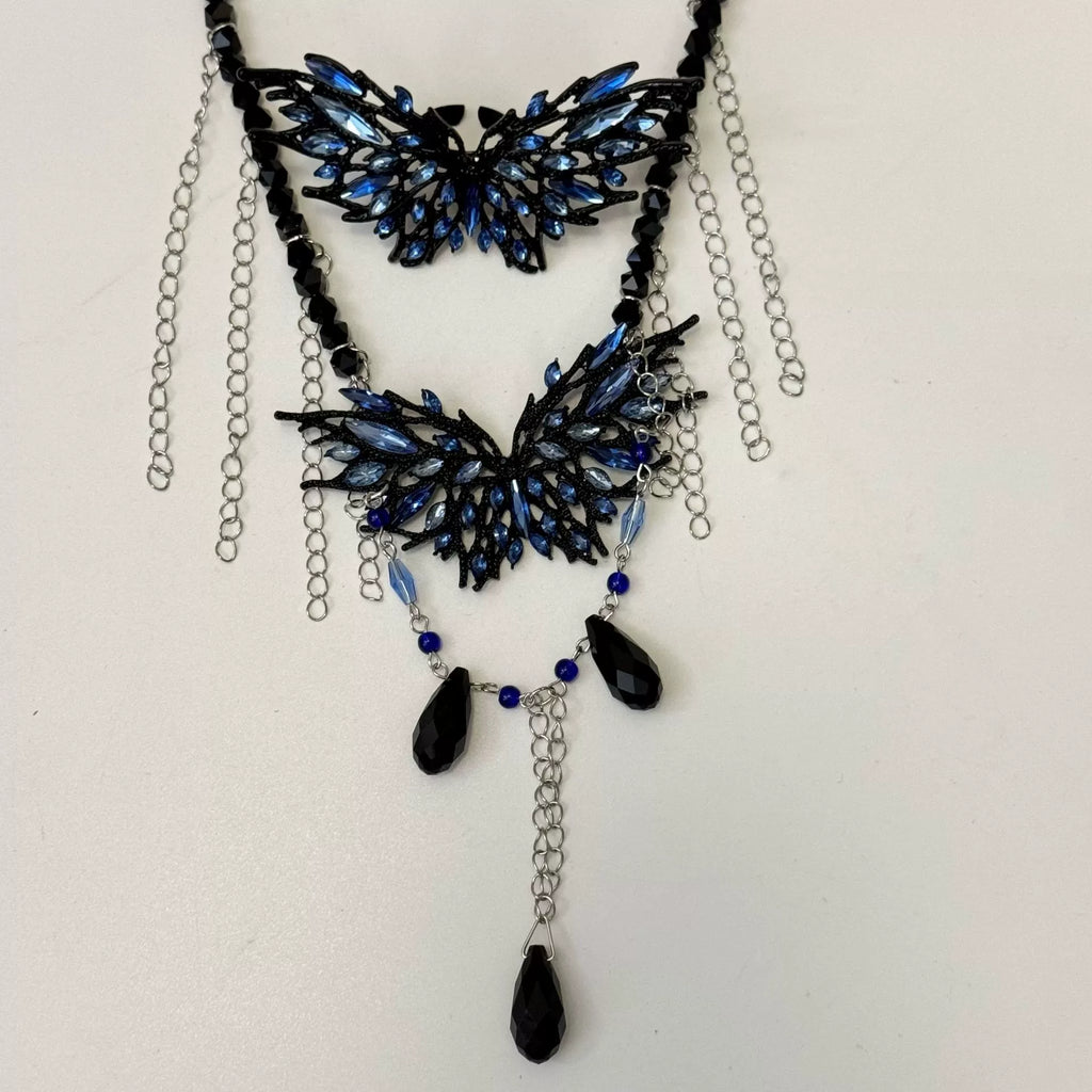 Bulk Black Blue Butterfly Layered Silver Plated Rhinestone Necklace