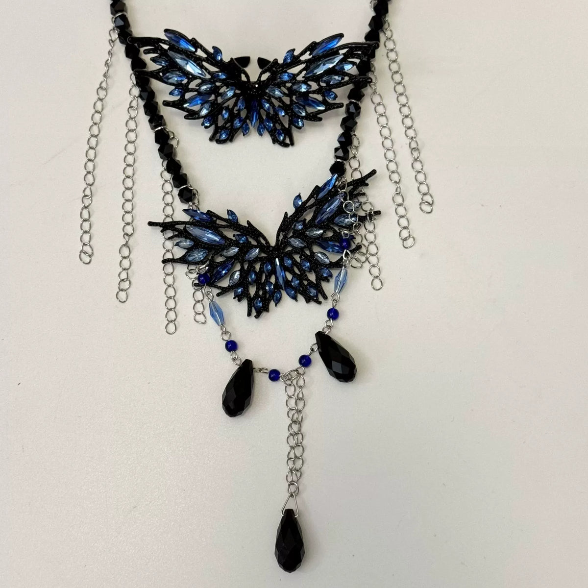 Bulk Black Blue Butterfly Layered Silver Plated Rhinestone Necklace