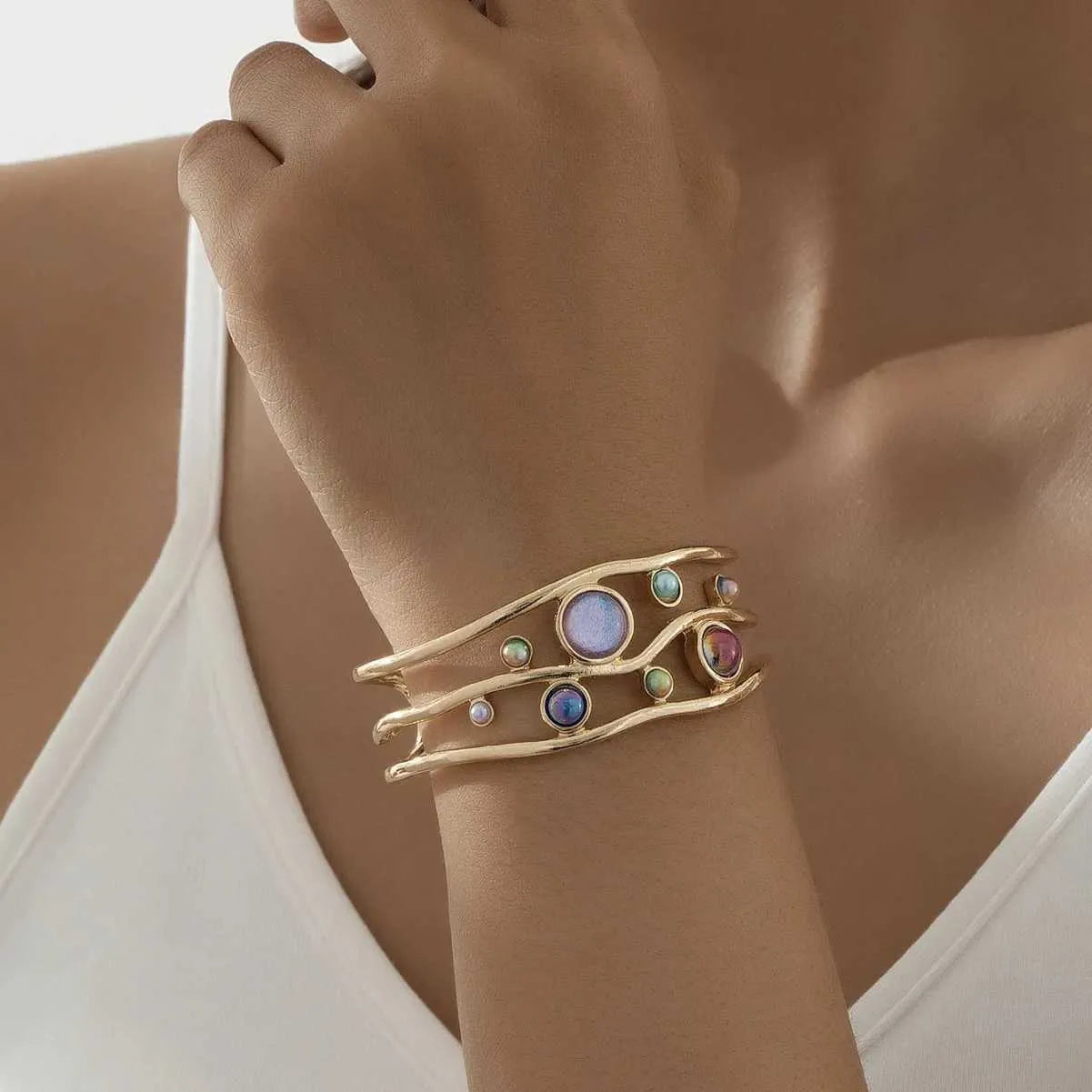 Bulk Multi Color Wave Gold Plated CZ Anti Tarnish Copper Cuff & Kada