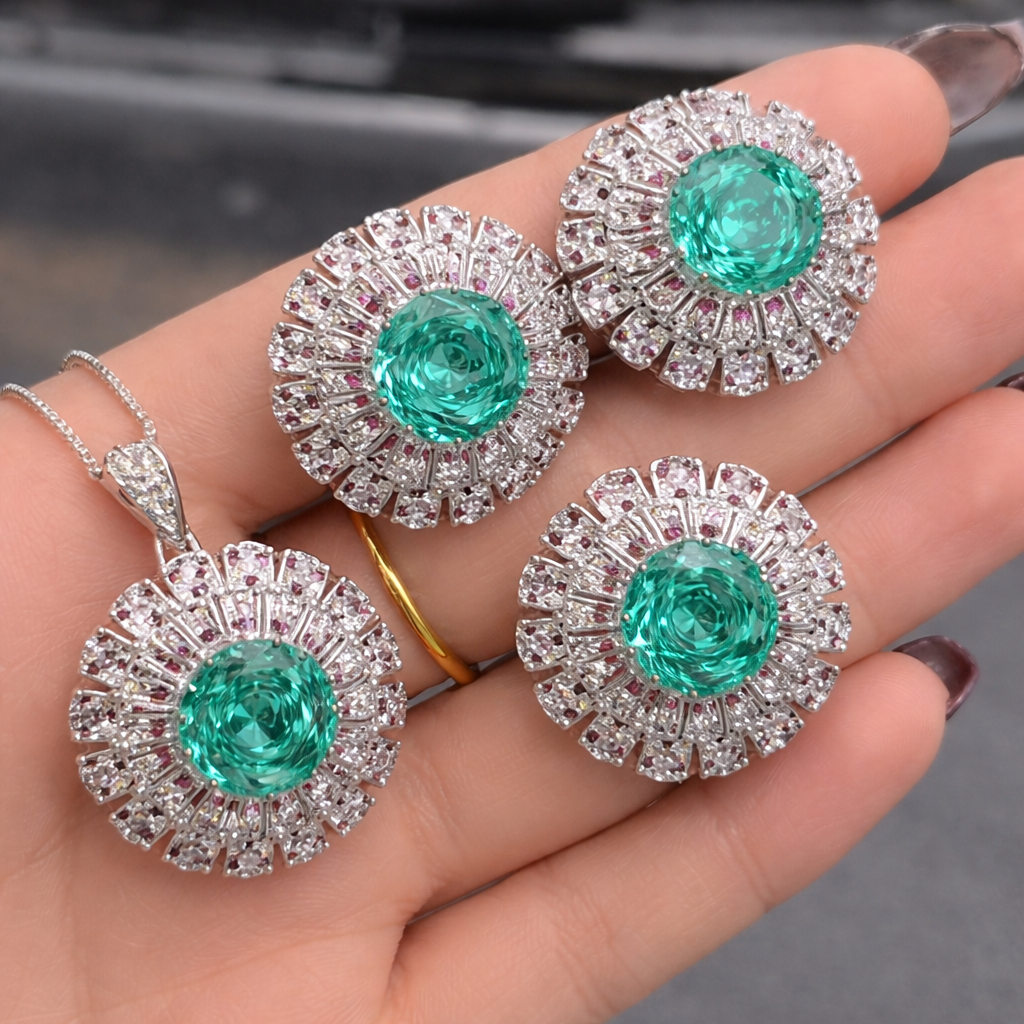 Classic Floral Silver CZ Anti Tarnish Copper Necklace Combo Set Bulk