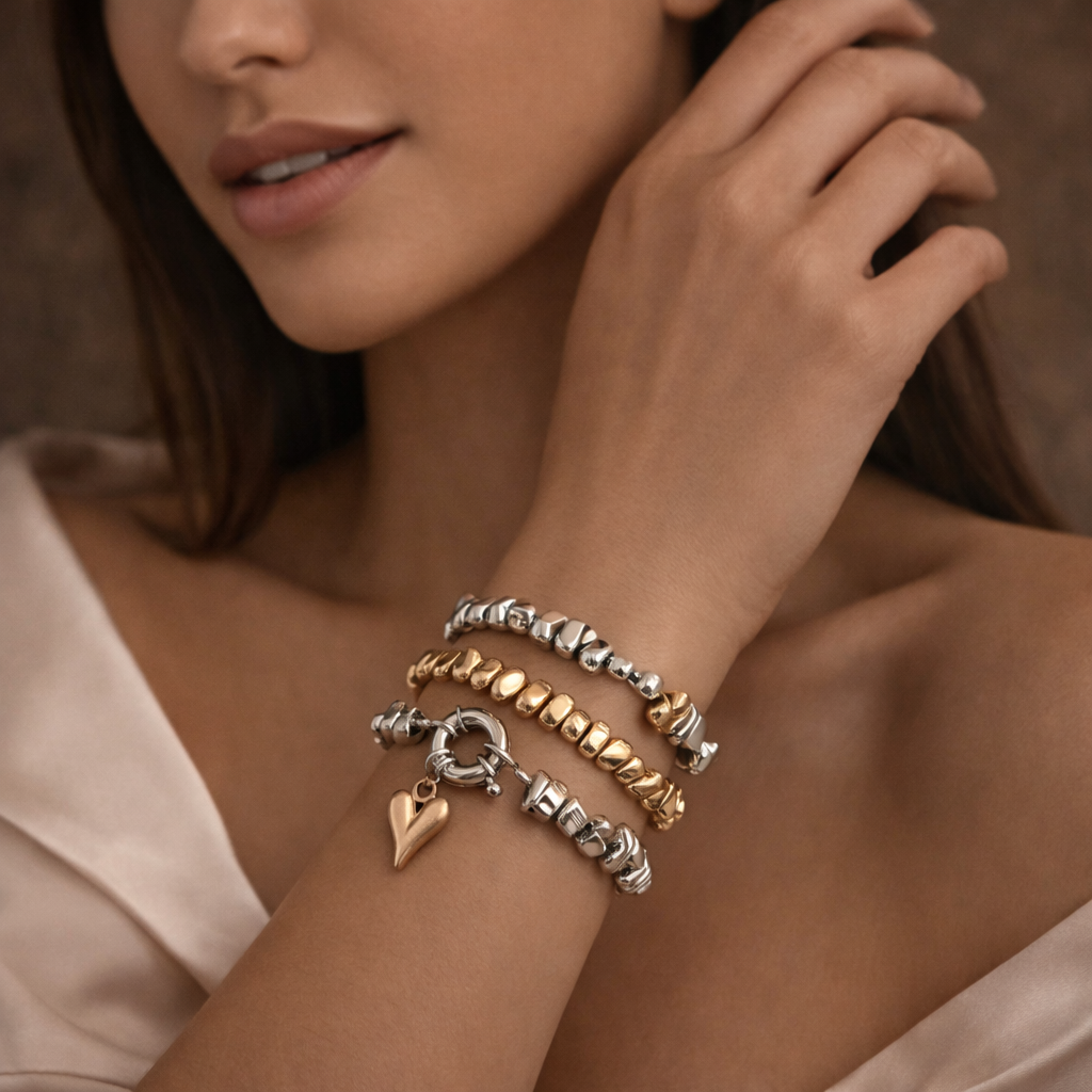 Layered Heart Elastic Stretchable Dual Tone Gold Silver Bracelet Bulk