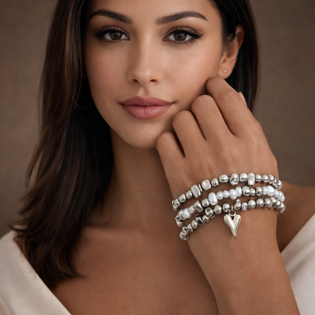 Layered Heart Modern Elastic Stretchable Silver Pearl Bracelet Bulk Secondary image