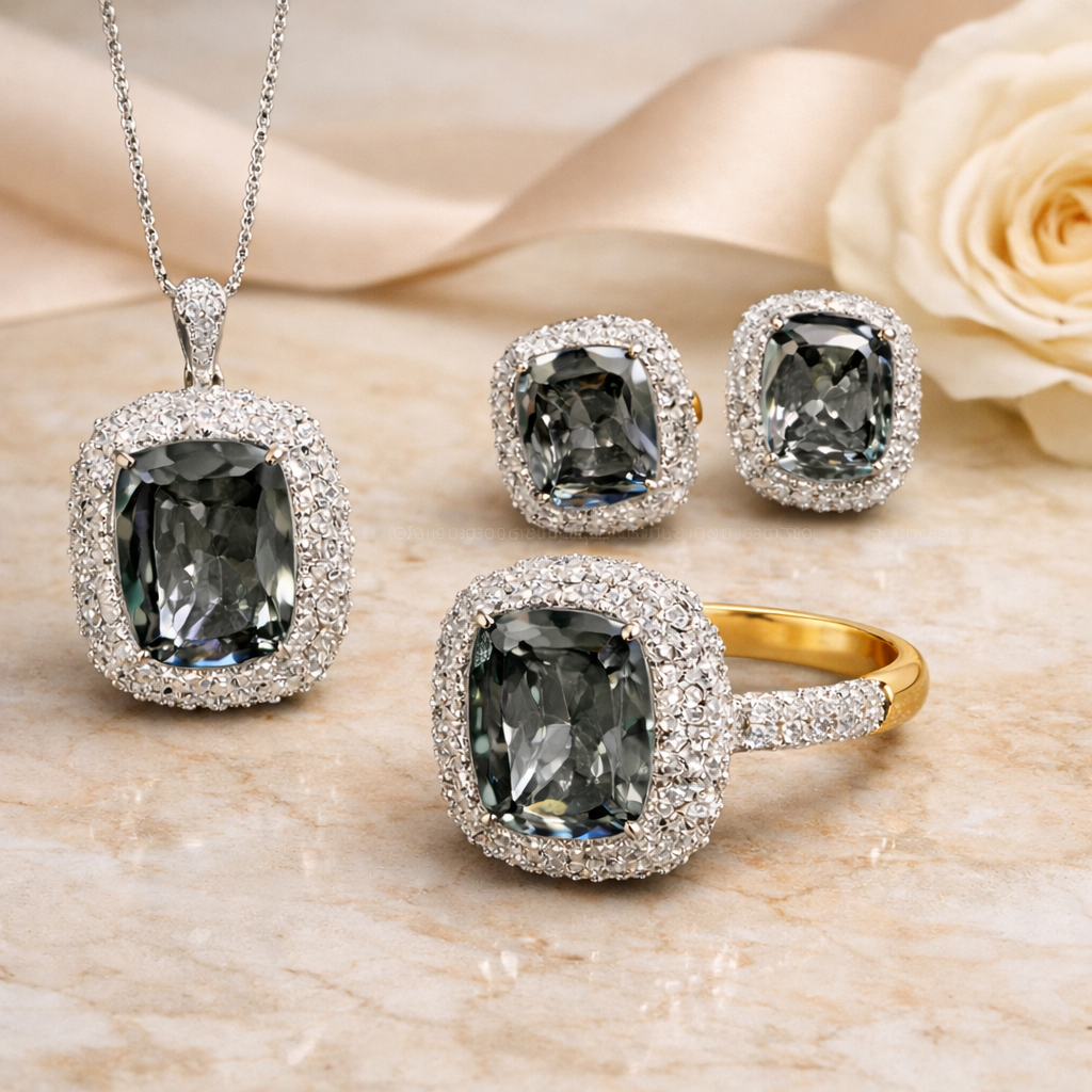 Black Classic Cushion Shape Silver CZ Copper Necklace Combo Set Bulk Main image