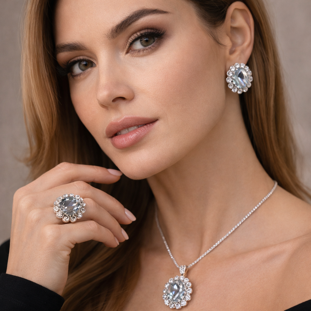 Black Premium Floral Silver CZ Anti Tarnish Copper Necklace Combo Set