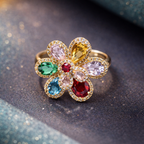 Bulk Blue Multi Color Flower Gold CZ Copper Adjustable Cocktail Ring