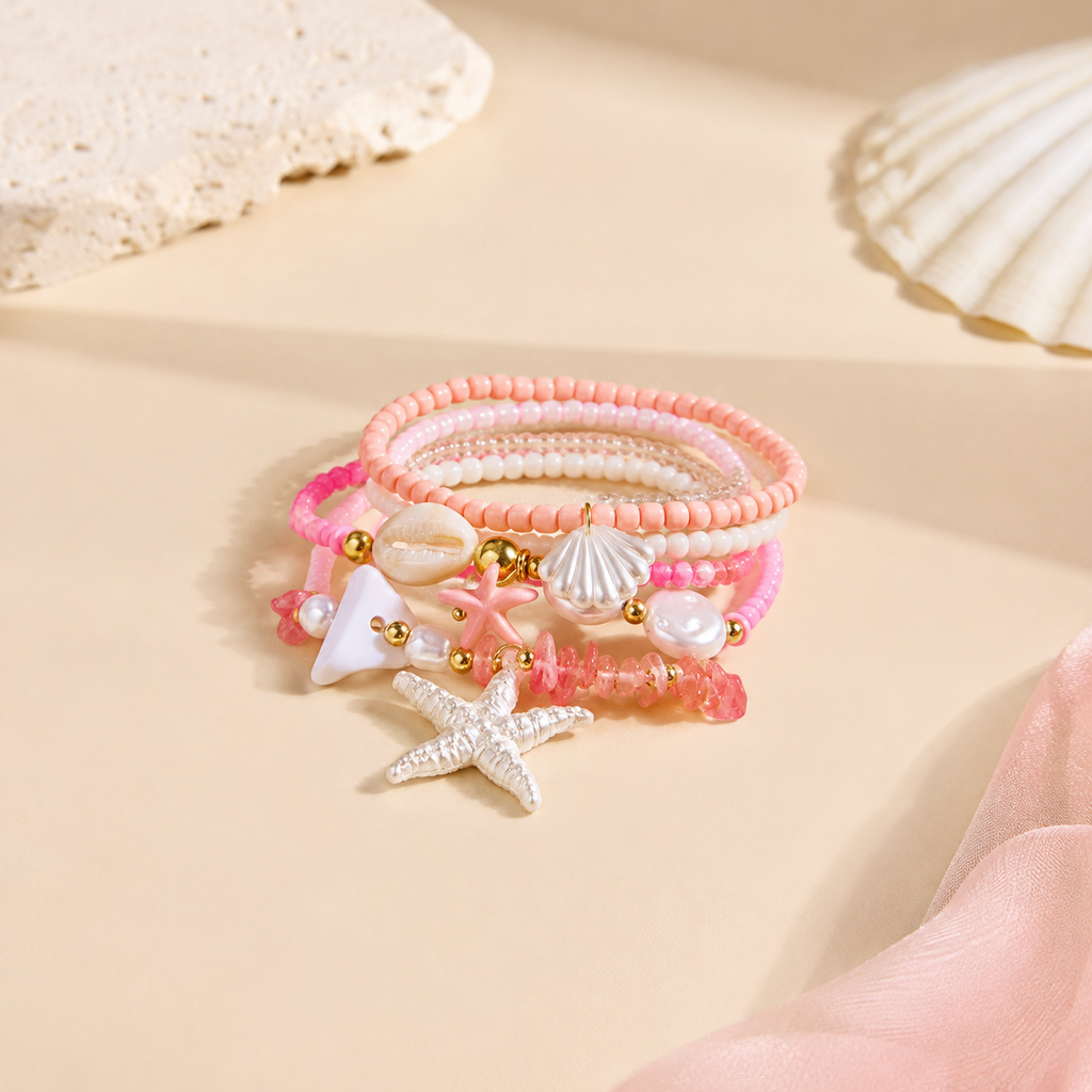 Pink Layered Trendy Beach Style Gold Pearl Beads Bracelet Wholesale