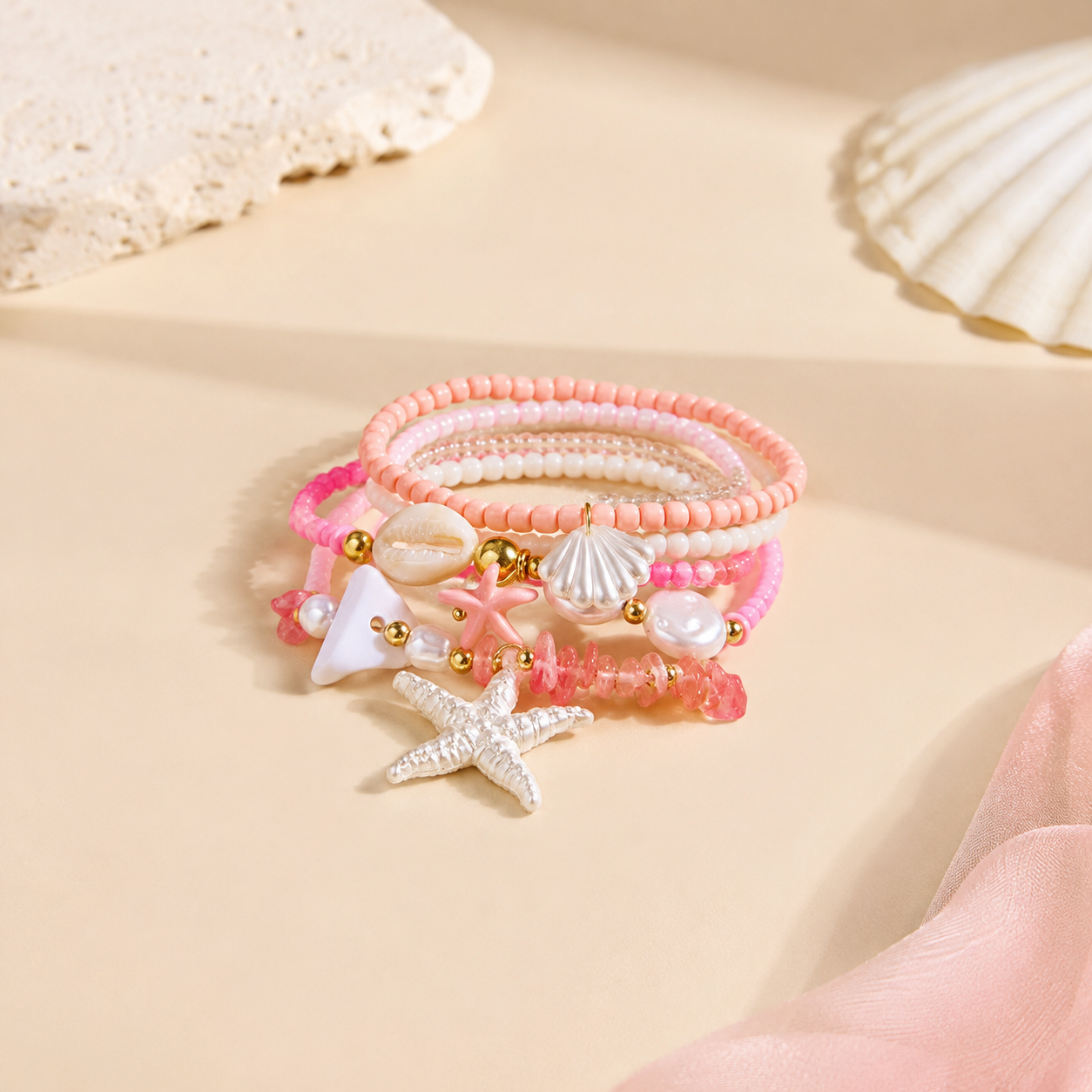 Pink Layered Trendy Beach Style Gold Pearl Beads Bracelet Wholesale