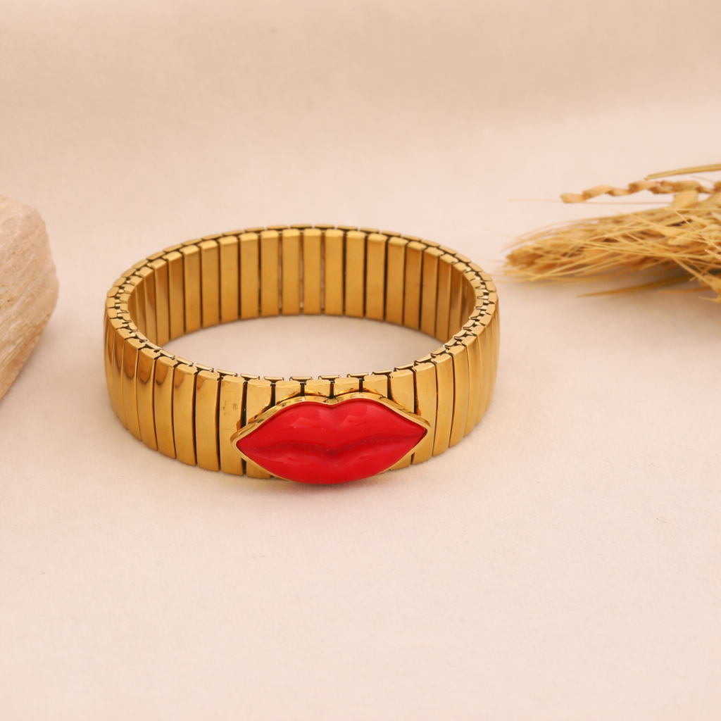 Bulk Red Pink Stretchable Lip Style Gold Stainless Steel Bracelet