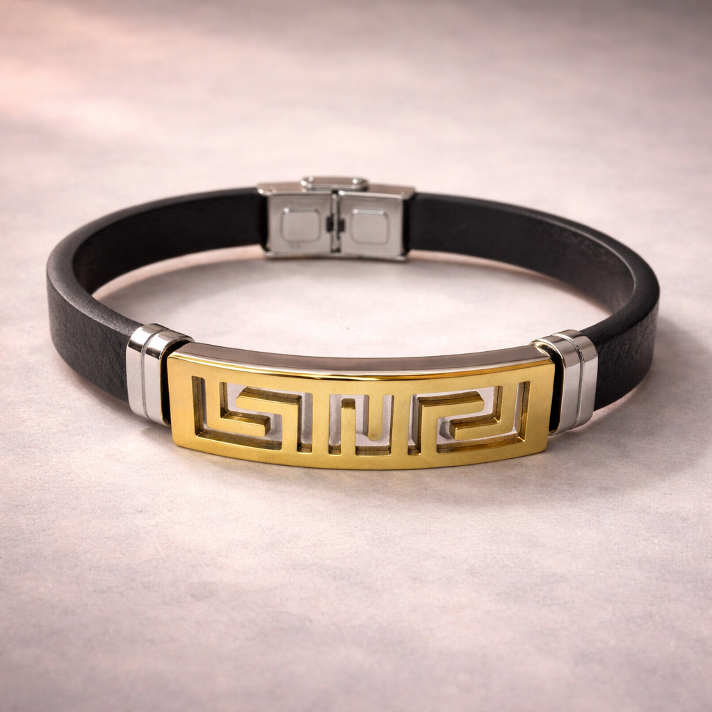 Bulk Black Greek Key Pattern Gold Plated Plain Rubber Bracelet For Men