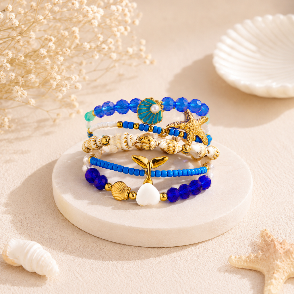 Designer Marine Theme Blue Crystal Gold Plated Pearl Beads Bracelet Bulk