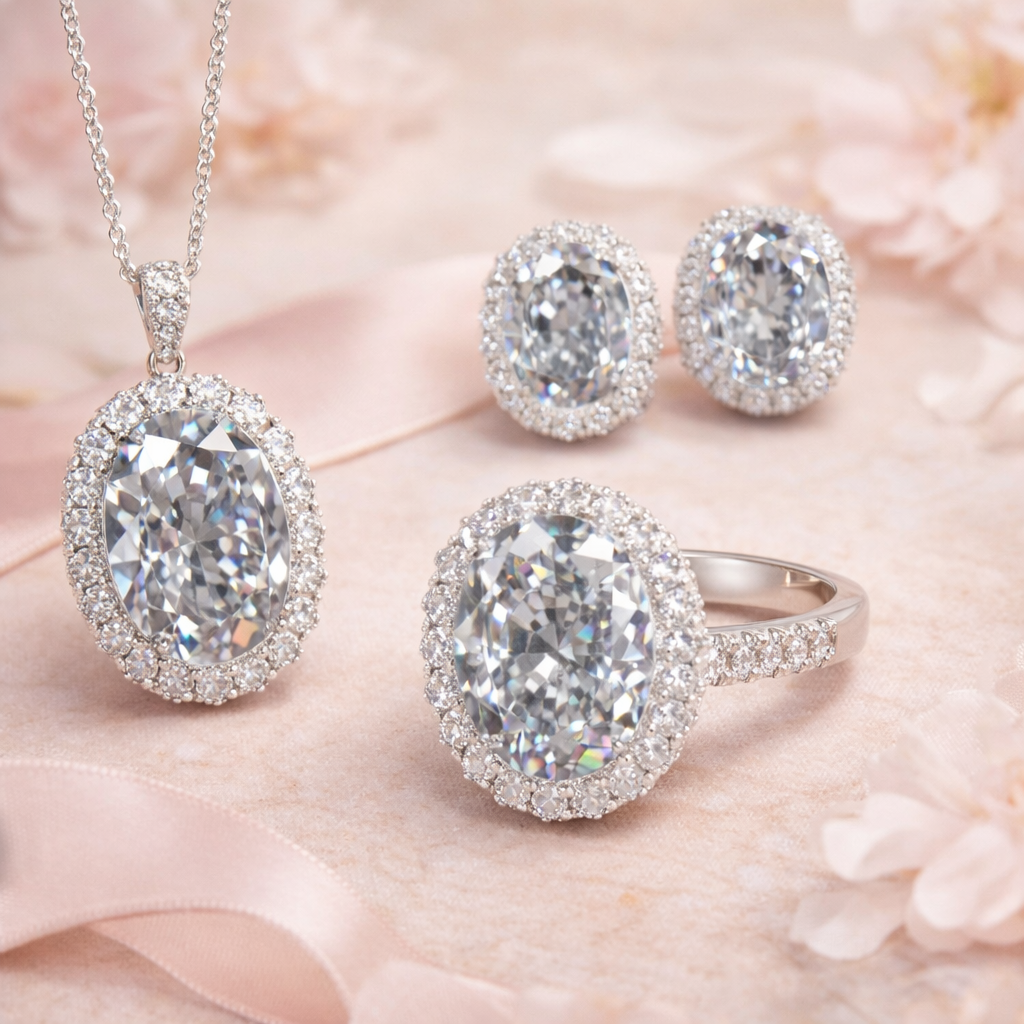 Black Elegant Oval Cut Silver Plated CZ Copper Necklace Combo Set Bulk