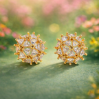 White Geometric Cluster Gold CZ Anti Tarnish Copper Stud Earrings Bulk
