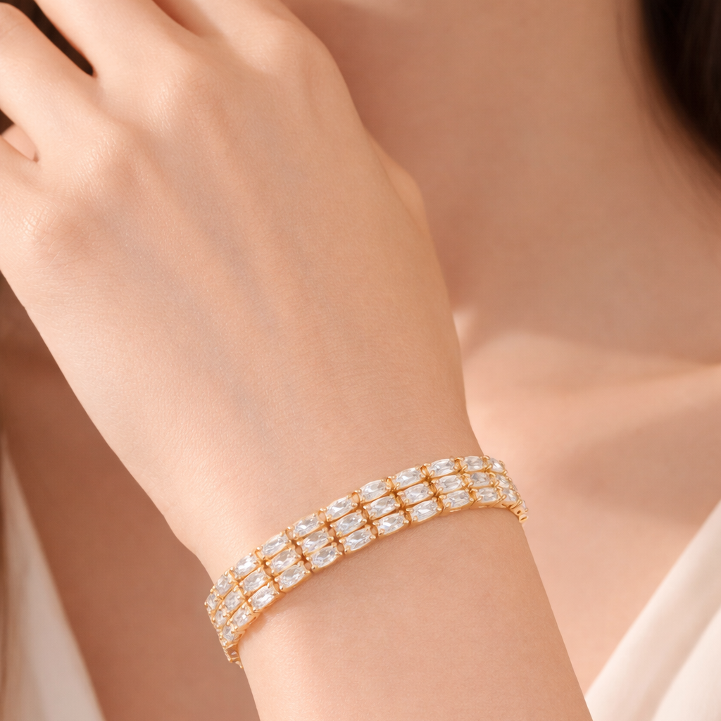 Bulk Layered Two Row Baguette Gold Silver Plated CZ Copper Bracelet