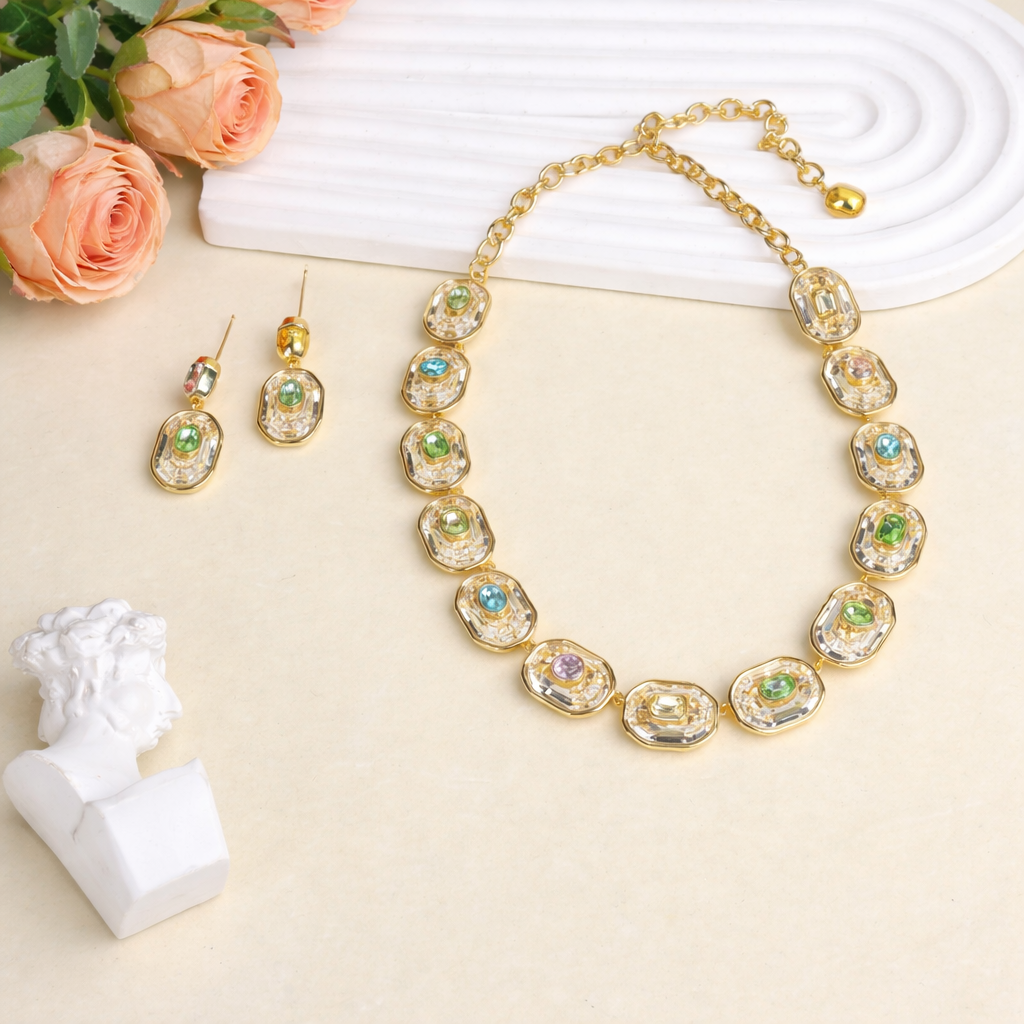 White Geometric Link Baguette Gold CZ Copper Necklace Combo Set Bulk