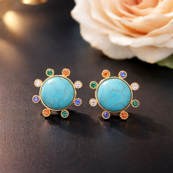 Multi Round Gold CZ Turquoise Anti Tarnish Copper Stud Earrings Bulk Main image