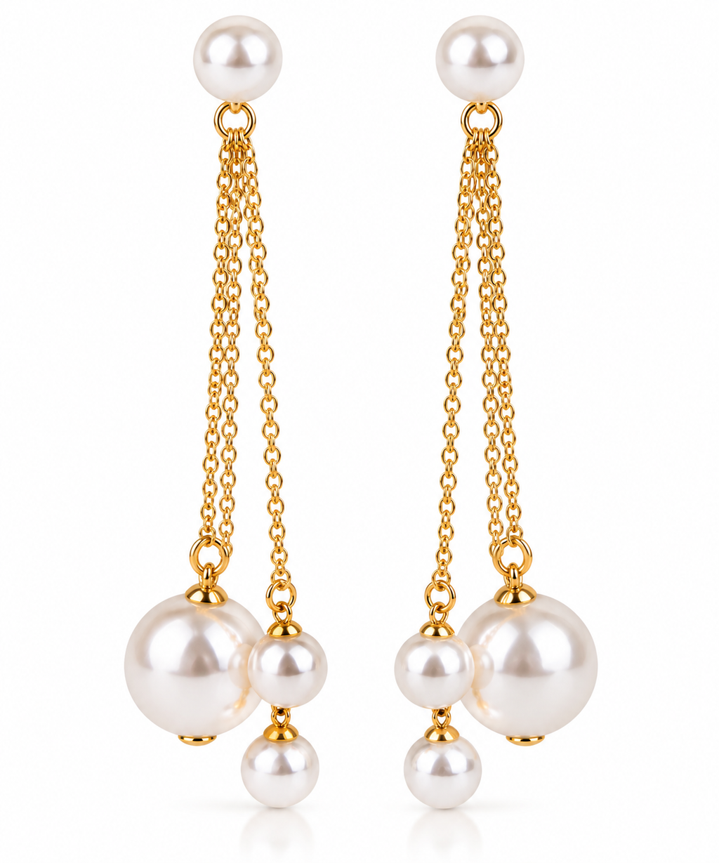 Elegant Gold Long Chain Triple White Faux Pearl Dangler Earrings Bulk