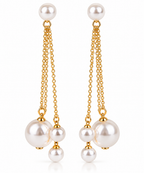 Elegant Gold Long Chain Triple White Faux Pearl Dangler Earrings Bulk