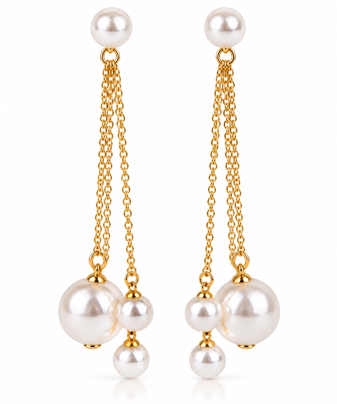 Elegant Gold Long Chain Triple White Faux Pearl Dangler Earrings Bulk