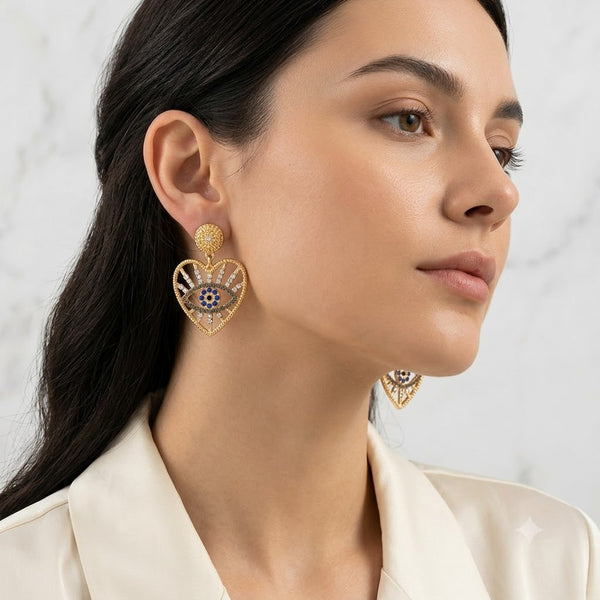 Luxury Heart Shaped Evil Eye Gold Plated CZ Drop Earrings For Women Bulk Main image