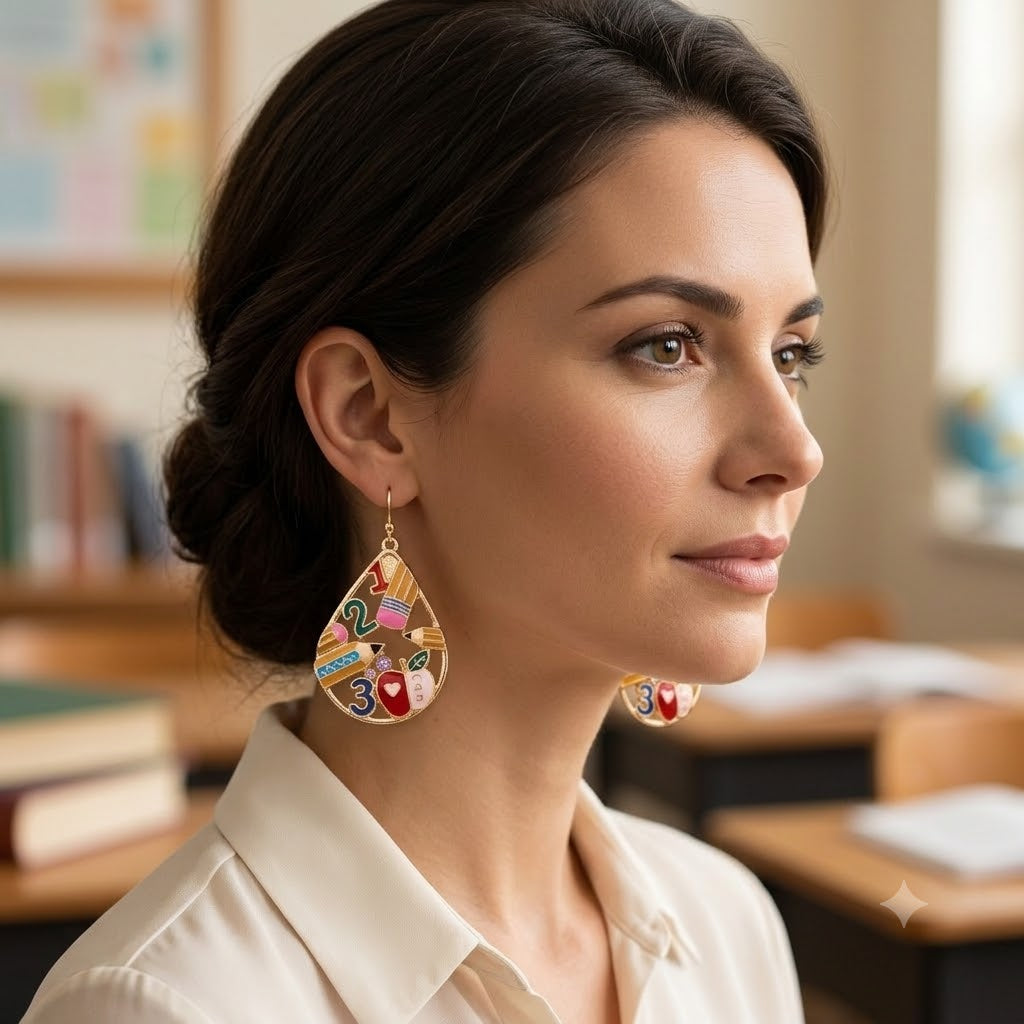 Multi Color Enamel Pencil & Number Gold Teardrop Dangler Earrings Bulk