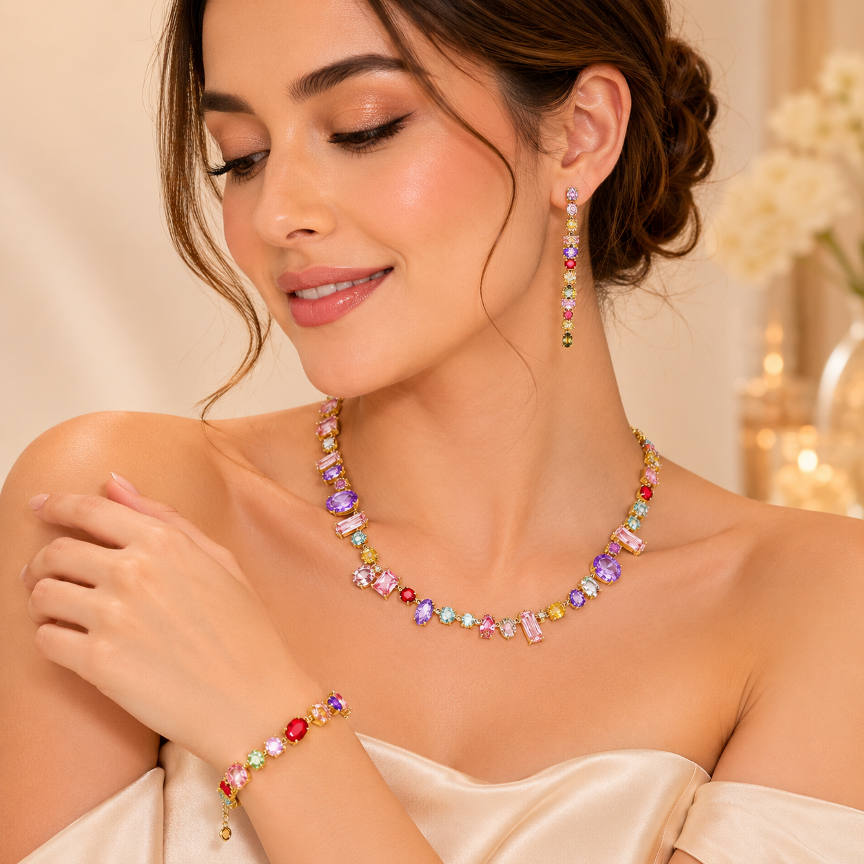 Multi Color Gemstone Gold CZ Anti Tarnish Copper Necklace Combo Set Bulk Main image