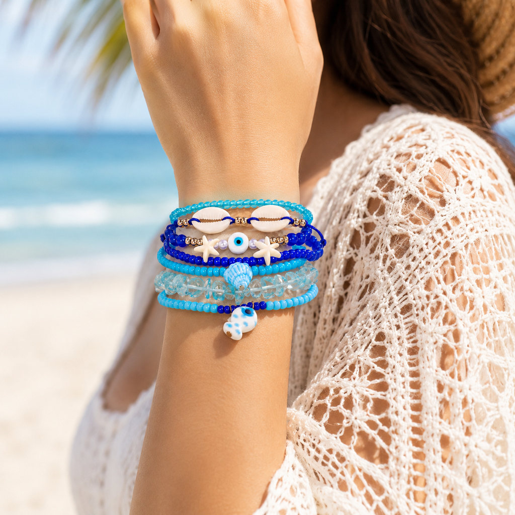 Blue Stone White Shell Starfish Evil Eye Gold Pearl Beads Bracelet Bulk