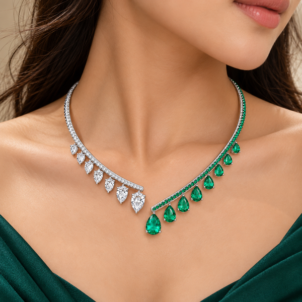 Asymmetric Emerald Green CZ Teardrop Choker Gold Silver Copper Necklace Bulk Secondary image