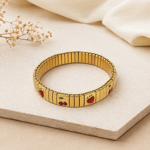 Cherry & Strawberry Stretchable Gold Enamel Stainless Steel Bracelet Bulk Main image