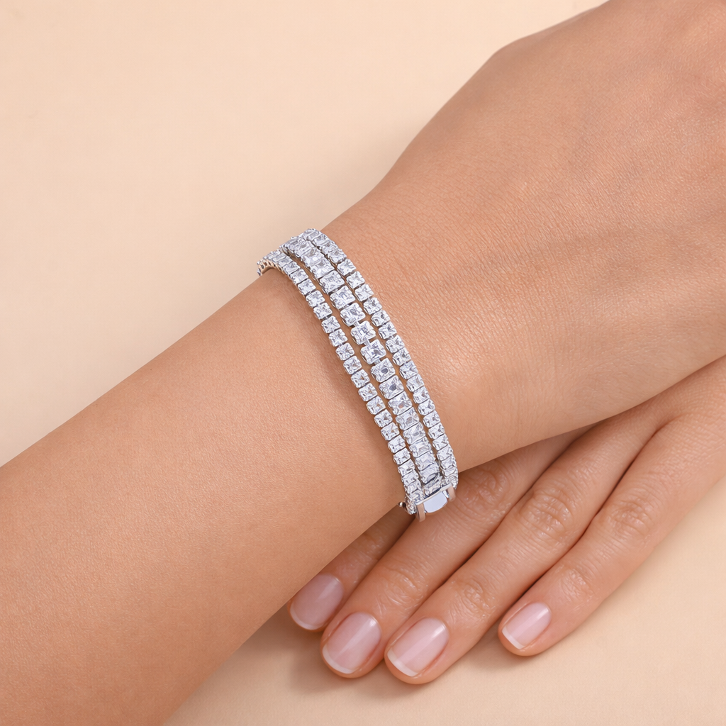 Bulk Layered Two Row Square Cut Gold Silver Plated CZ Copper Bracelet Main image