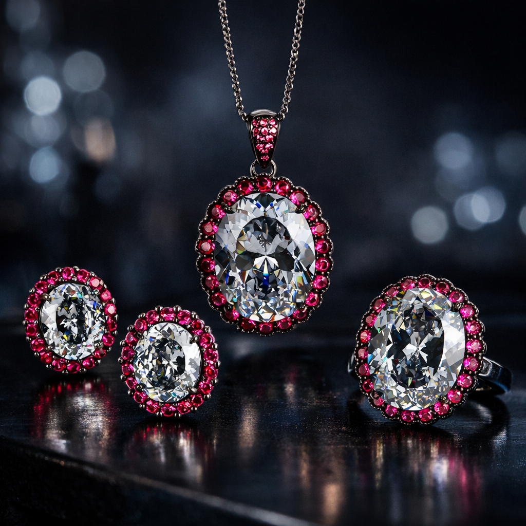 Elegant Oval Cluster Black CZ Copper Necklace Combo Set Wholesale