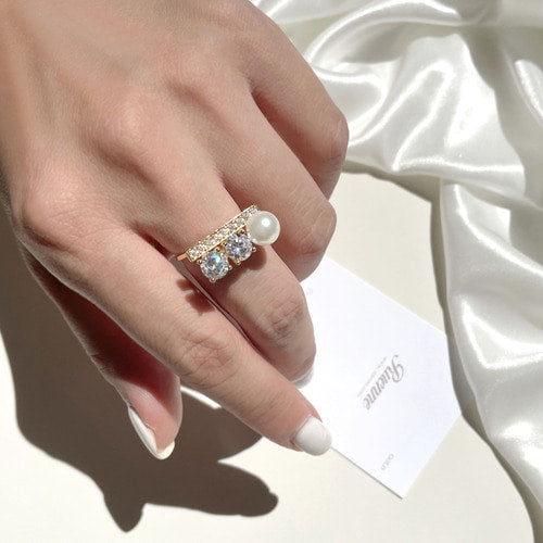 Bulk White Two Stone Gold Plated CZ Pearl Copper Adjustable Fancy Ring