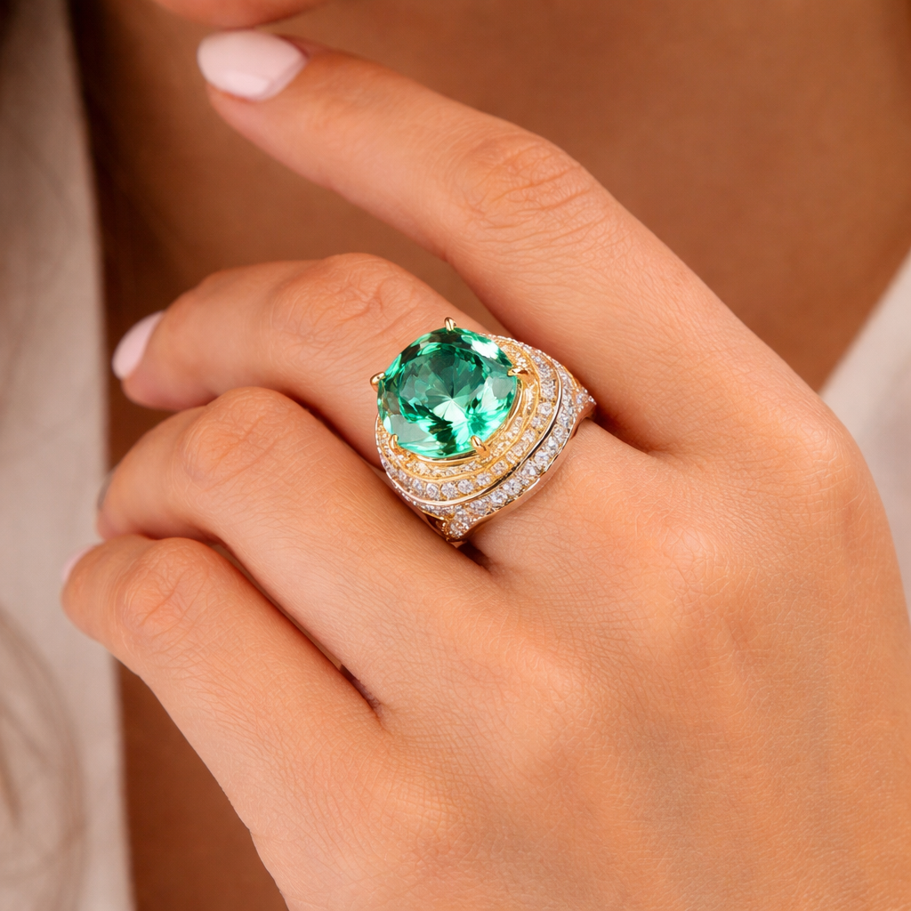 Green Cushion Cut Silver CZ Copper Anti Tarnish Cocktail Ring Wholesale Main image