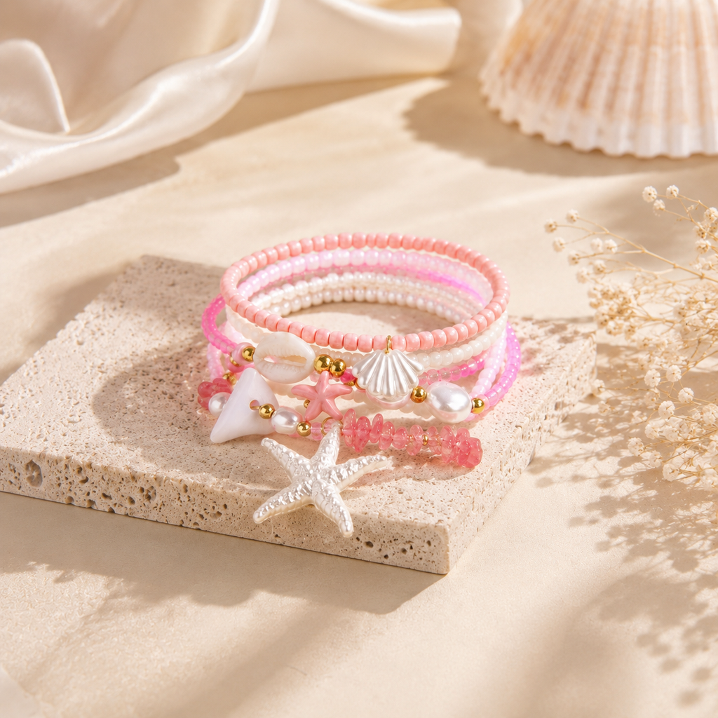 Pink Layered Trendy Beach Style Gold Pearl Beads Bracelet Wholesale