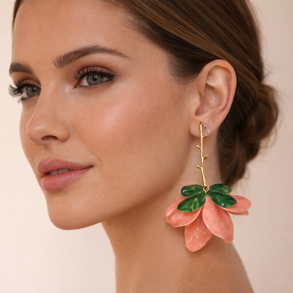 Bulk Pink Green Flower Gold Plated Plain Dangler Earrings For Women