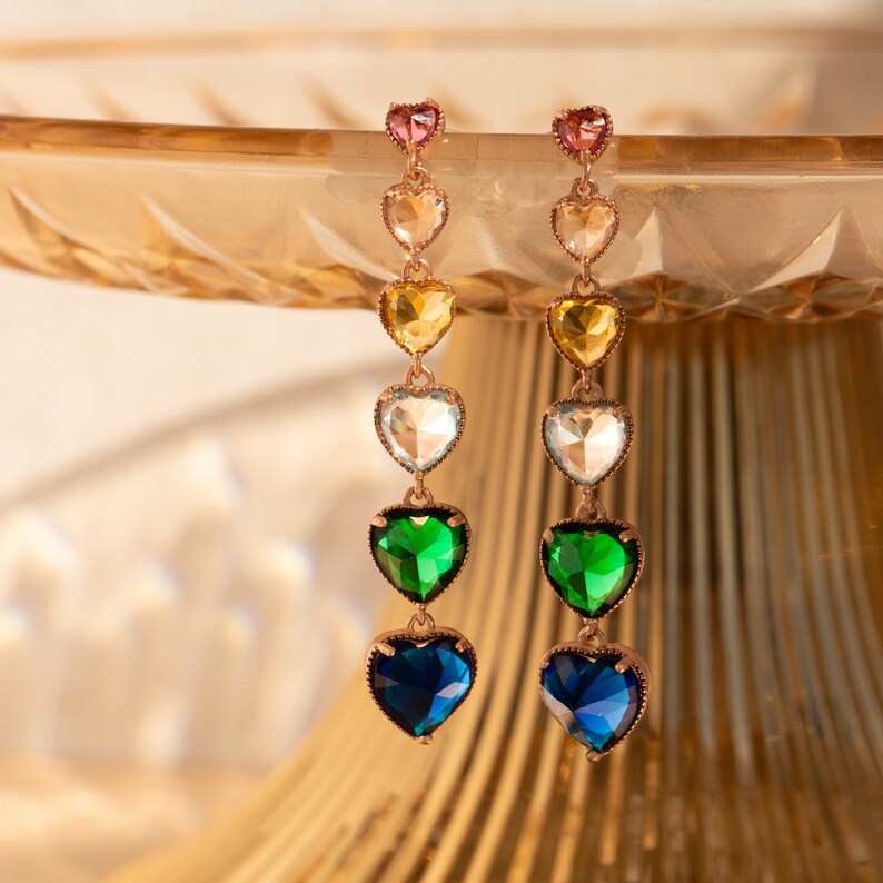 Bulk Multi Color Heart Gold CZ Anti Tarnish Copper Dangler Earrings