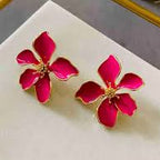 Pink Flower Gold Plated Enamel Alloy Stud Earrings For Women Bulk