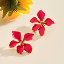 Pink Flower Gold Plated Enamel Alloy Stud Earrings For Women Bulk