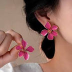 Pink Flower Gold Plated Enamel Alloy Stud Earrings For Women Bulk