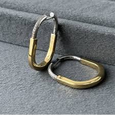 Two Tone Gold Silver Cubic Zirconia Anti Tarnish Stainless Steel Hoop Earrings Secondary image