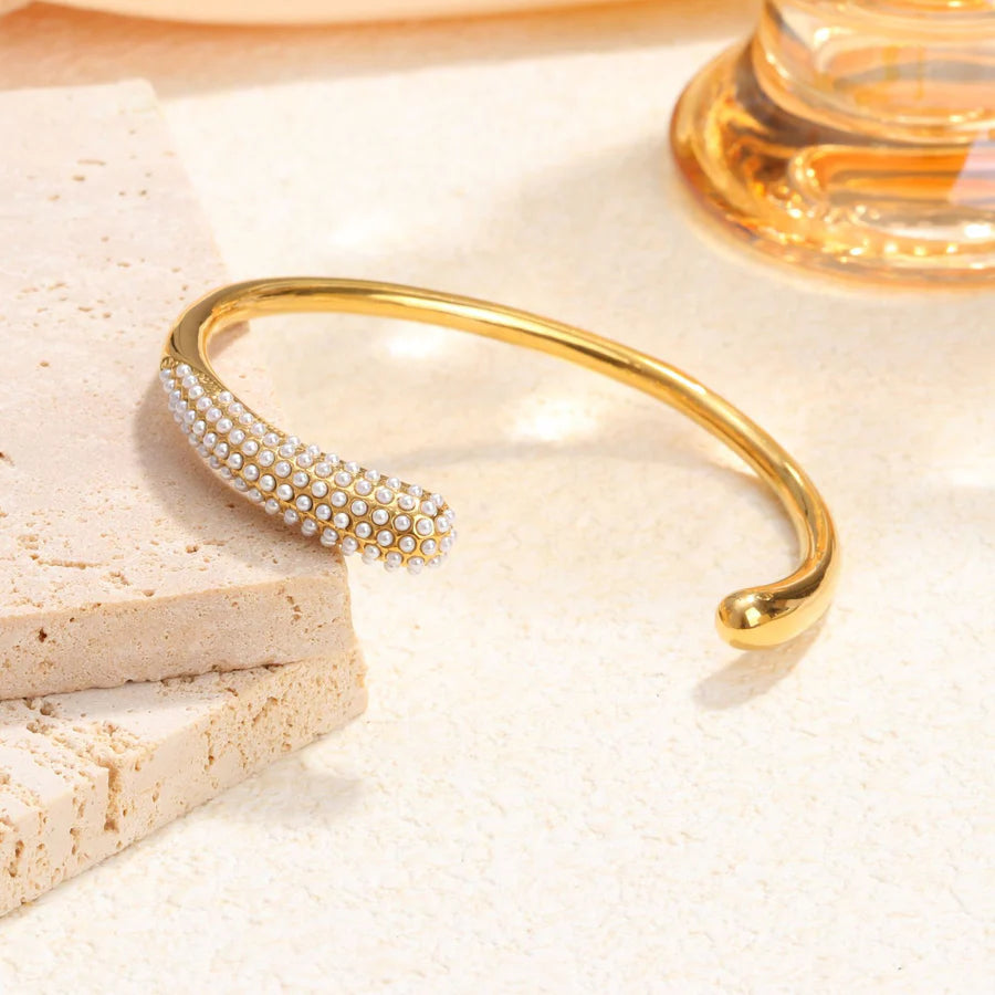 Pearl CZ 18K Gold Stainless Steel Anti Tarnish Open Cuff Bracelet Bulk