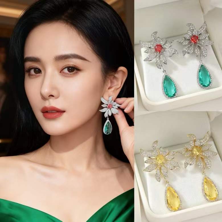 Flower Silver Plated Cubic Zirconia Anti Tarnish Copper Drop Earrings