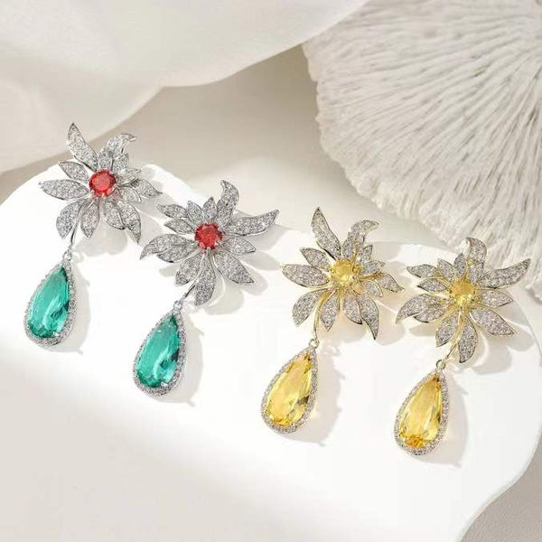 Flower Silver Plated Cubic Zirconia Anti Tarnish Copper Drop Earrings Main image