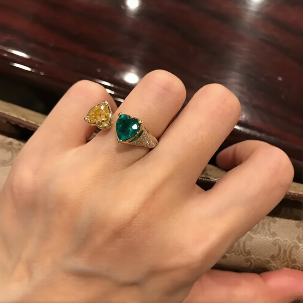 Dual Heart Emerald Gold Plated CZ Copper Anti Tarnish Fancy Ring Bulk