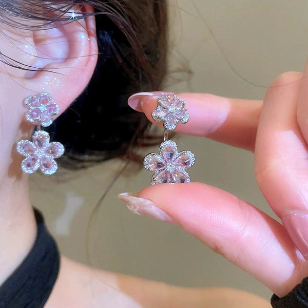 Luxury Silver Pink CZ Crystal Double Floral Copper Dangler Earrings Bulk Main image