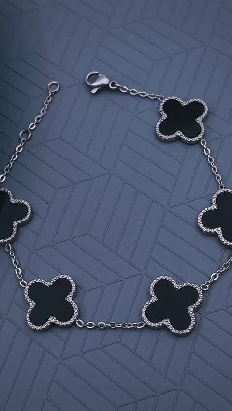 Clover Flower Black Silver Stainless Steel Adjustable Bracelet Bulk