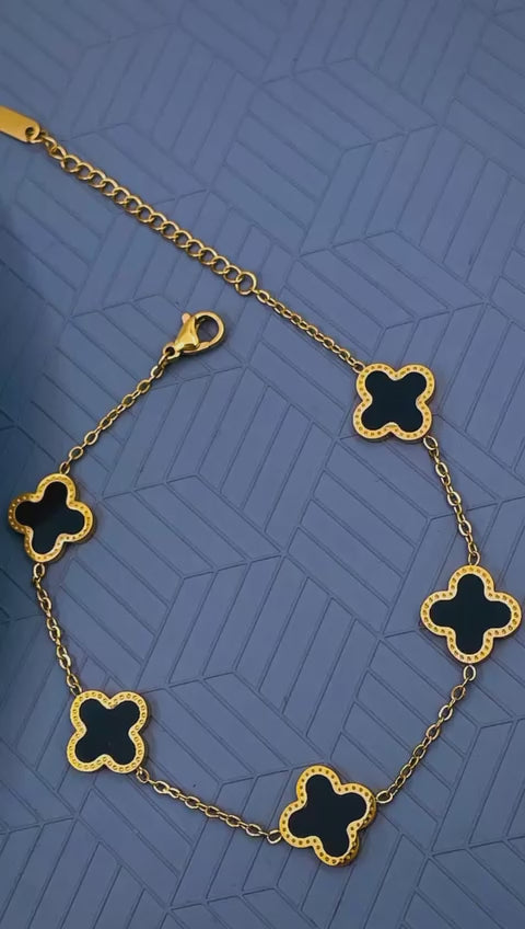 Clover Flower Black 18K Gold Stainless Steel Adjustable Bracelet Bulk